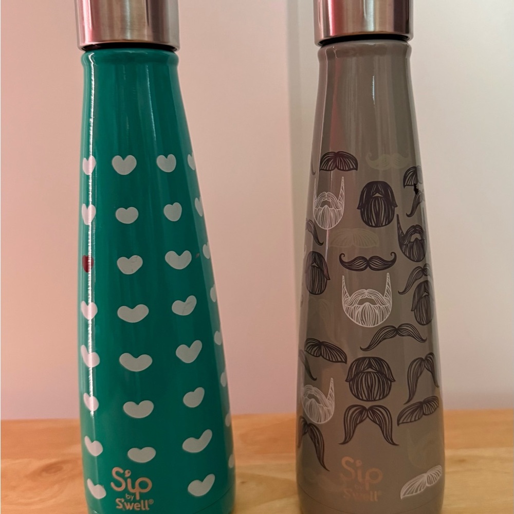 Swell Water Bottles - Teal and Gray with Heart and Mustache Patterns